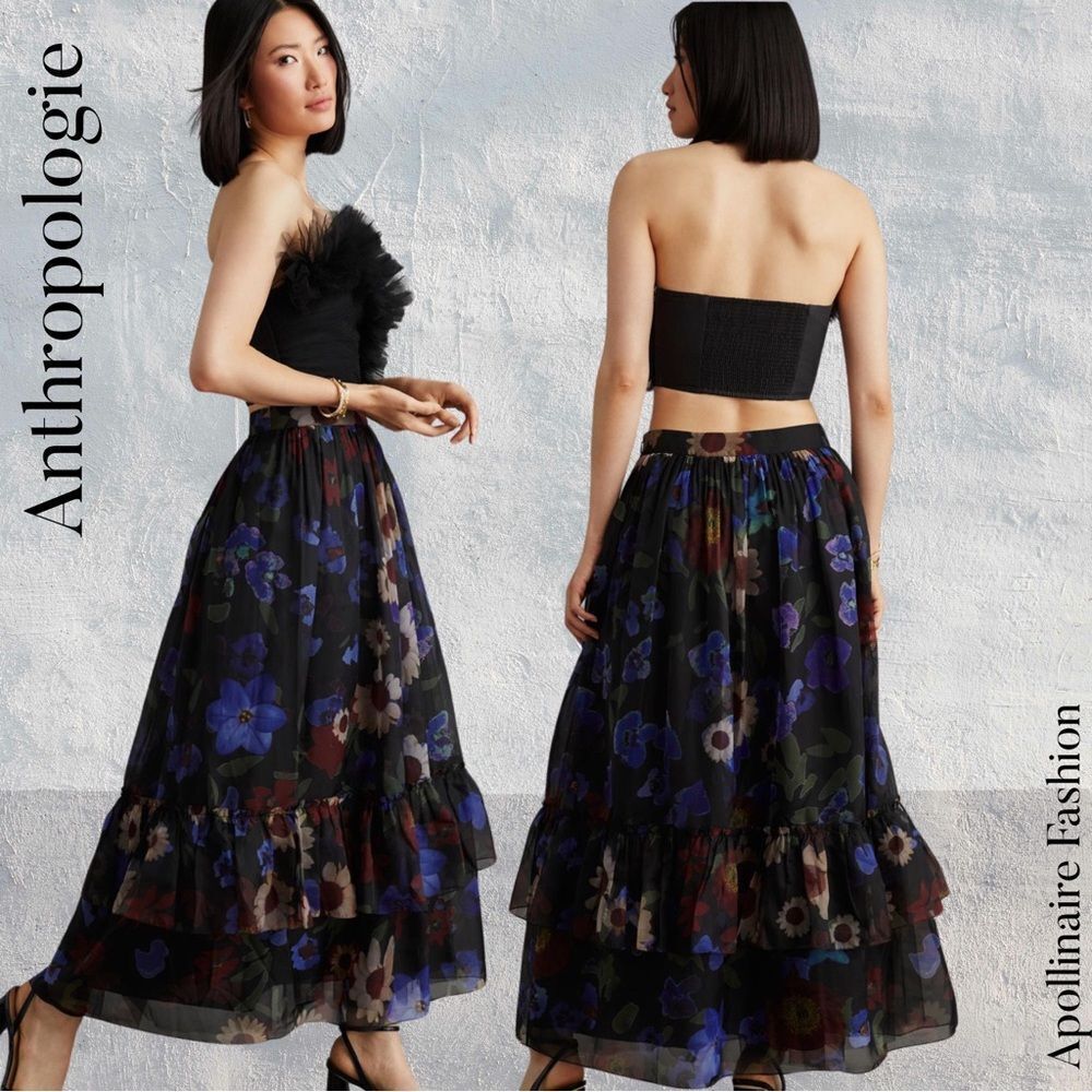 Anthropologie Black Floral Tiered Midi Skirt